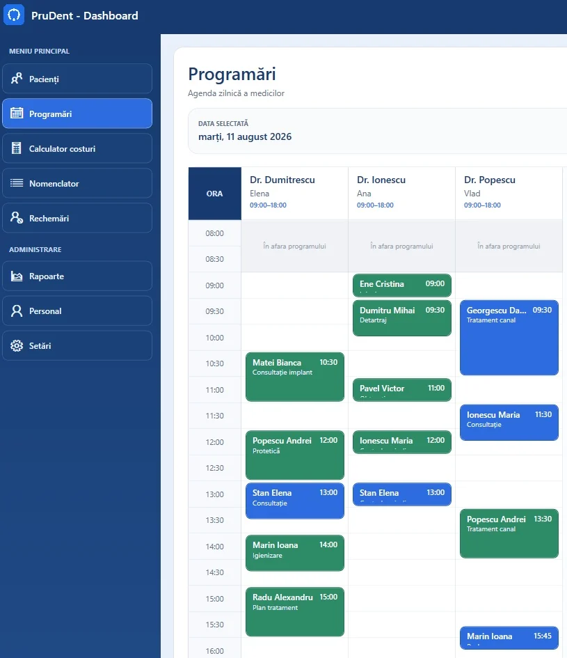 Agenda PruDent pe calculator, cu programări demo organizate pe medici